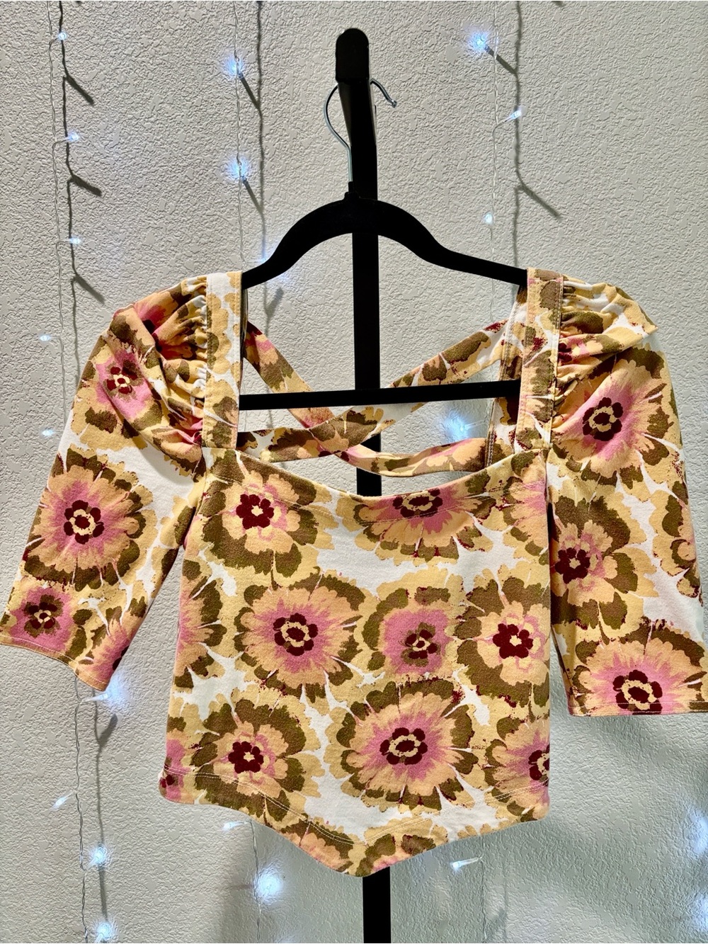 Free People Floral Puff-Sleeve Square Neck Crop Top in Cream, Pink & Brown